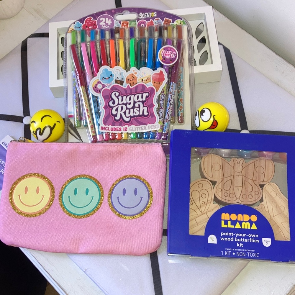 Sugar Rush Pens, Paint-Your-Own Butterflies Kit, Smiley Pouch, silly stress guys